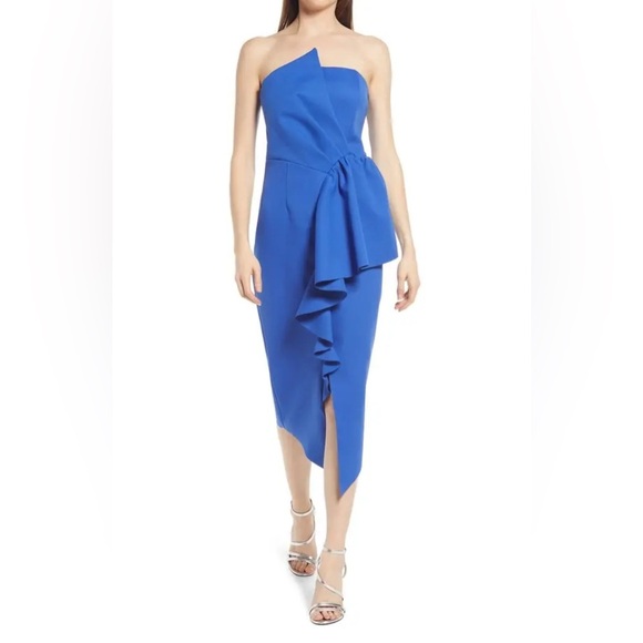Elliatt Reception Ruffle Strapless Cocktail Midi Dress in Cobalt Blue Size S NWT - Picture 1 of 11